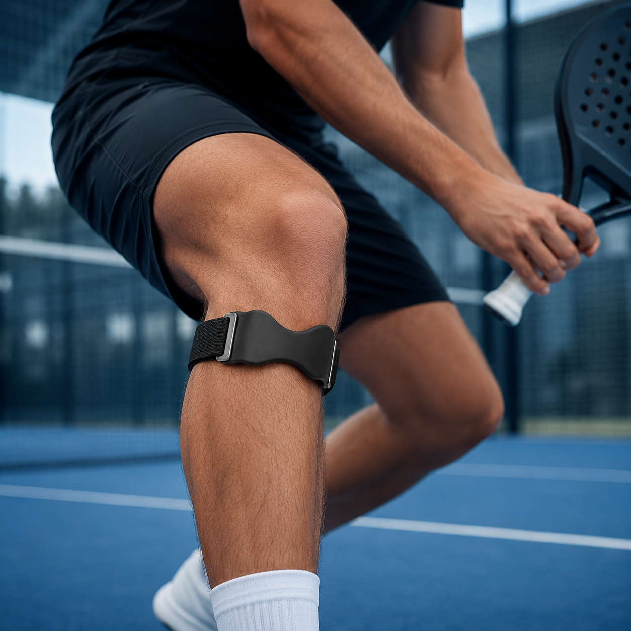 שחקן פאדל עם MotionPro+ לתמיכה מתחת לפיקת הברך
